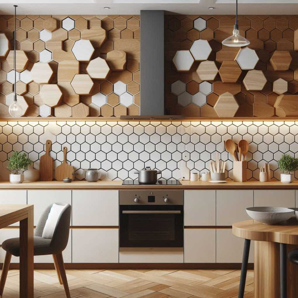Wood and Hexagon Tile Backsplash