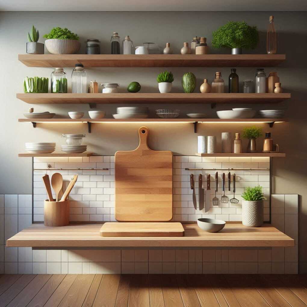 Floating Shelves with Integrated Cutting Board