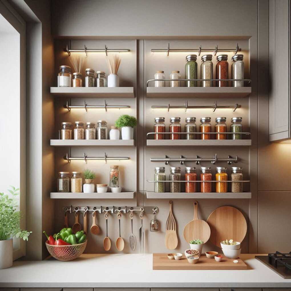 Floating Shelves with Integrated Spice Racks