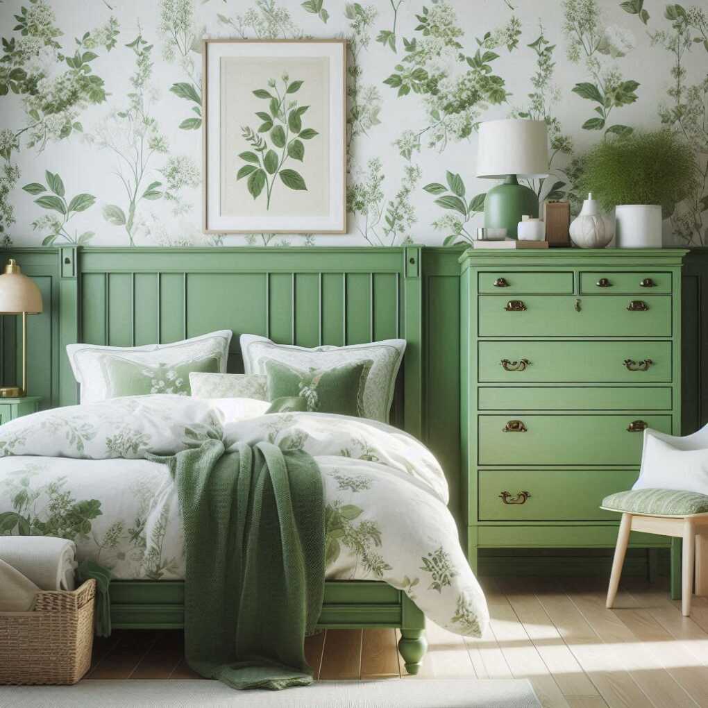 Green Dresser with Floral Wallpaper Backing