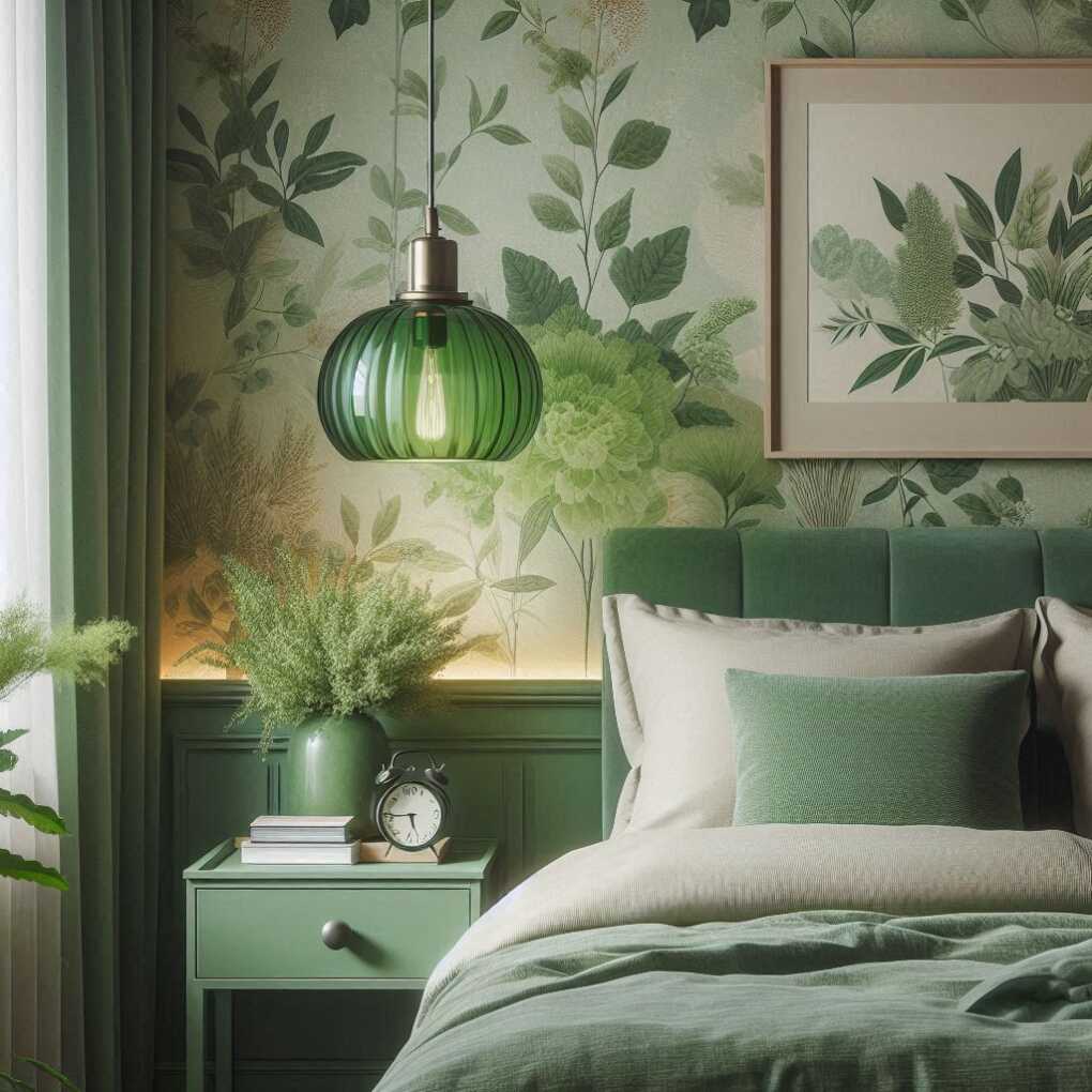 Green Pendant Light with Floral Wallpaper Backdrop