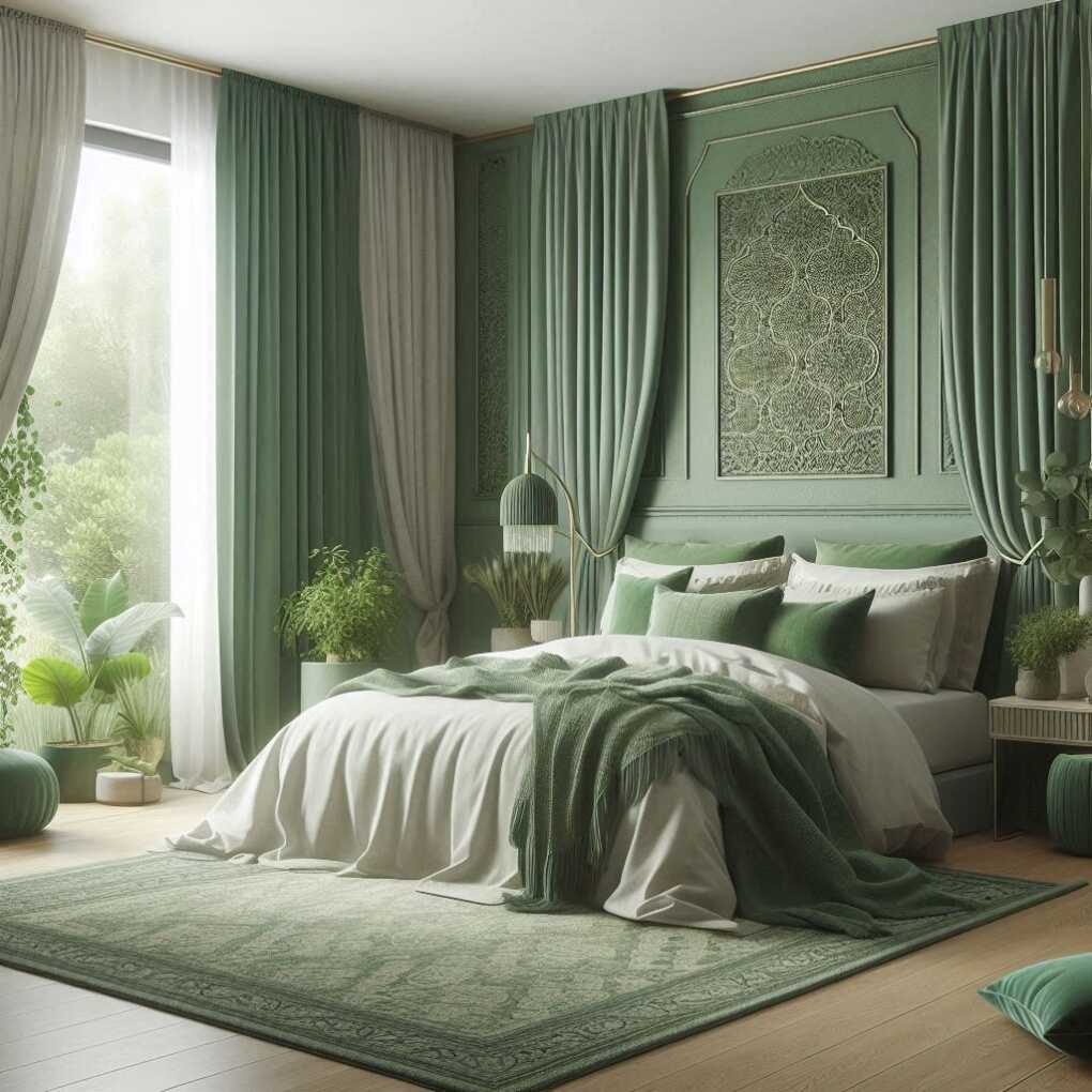 Green Rug and Curtains