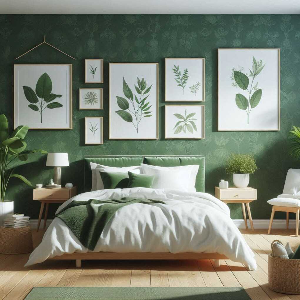 Green Wallpaper Accent Wall with Botanical Prints