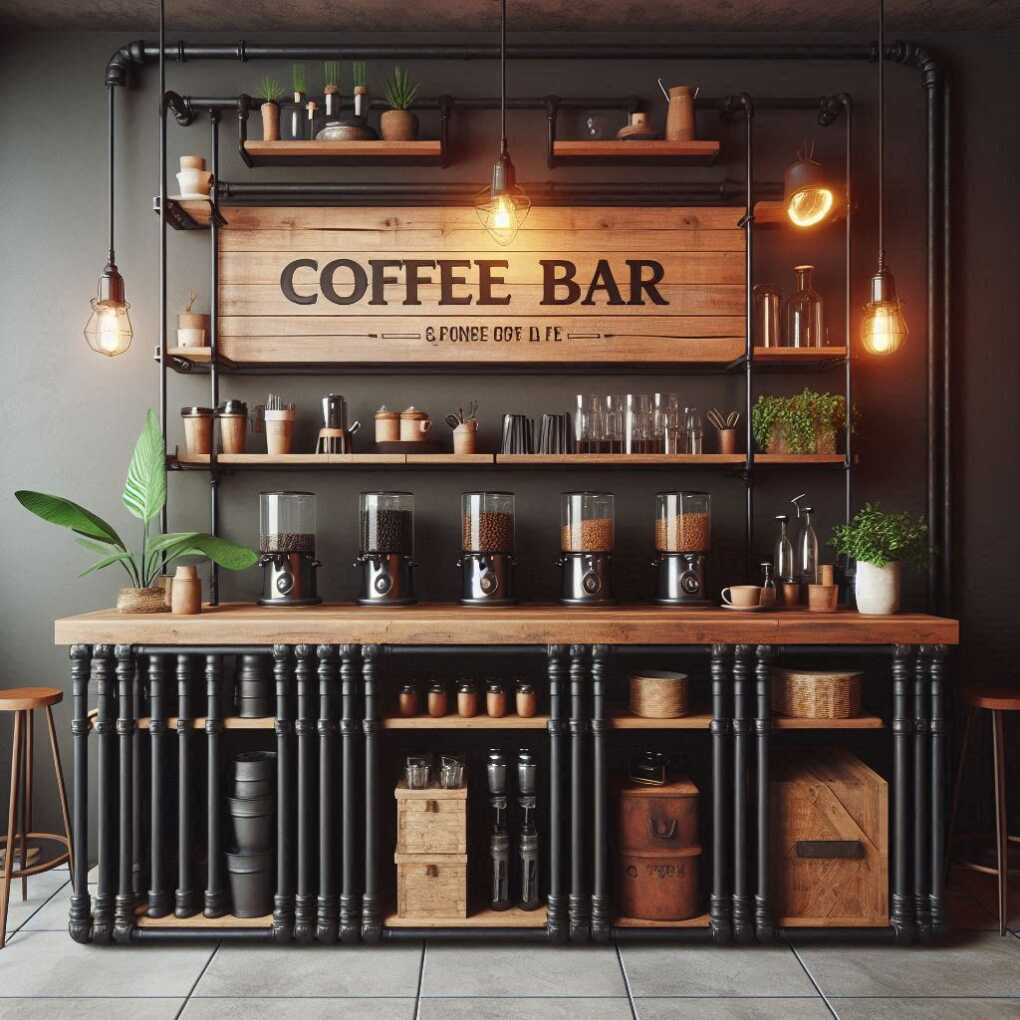 Industrial Pipe Shelving Coffee Station