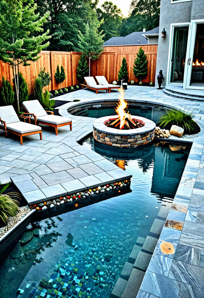 Natural Pool with Floating Fire Pit