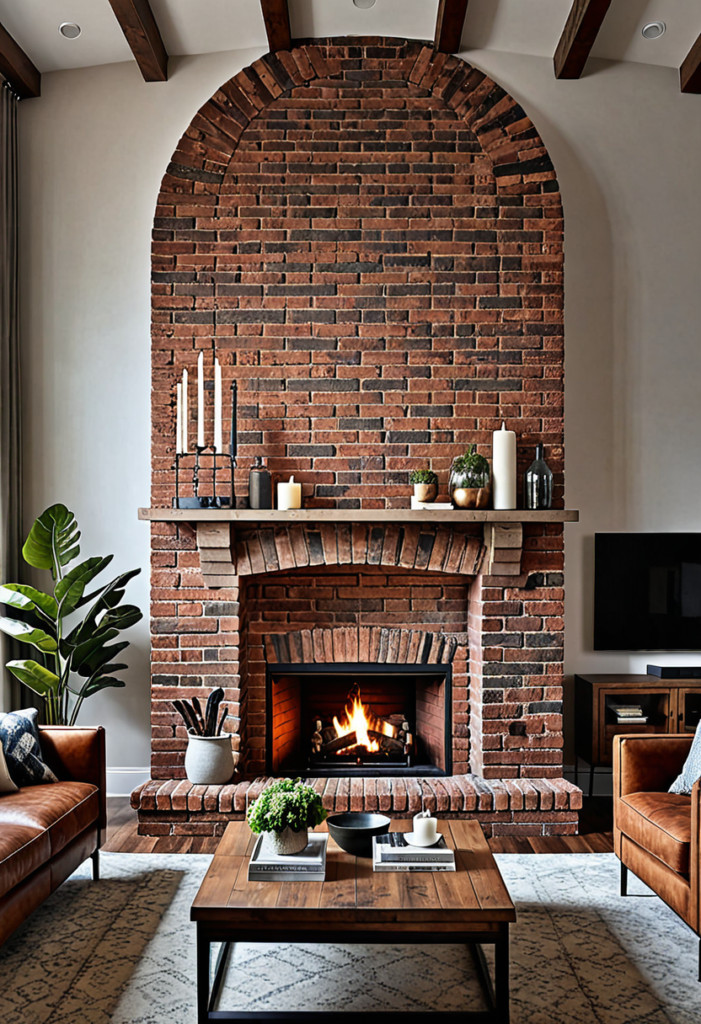 Arched and Textured Brick Fireplace