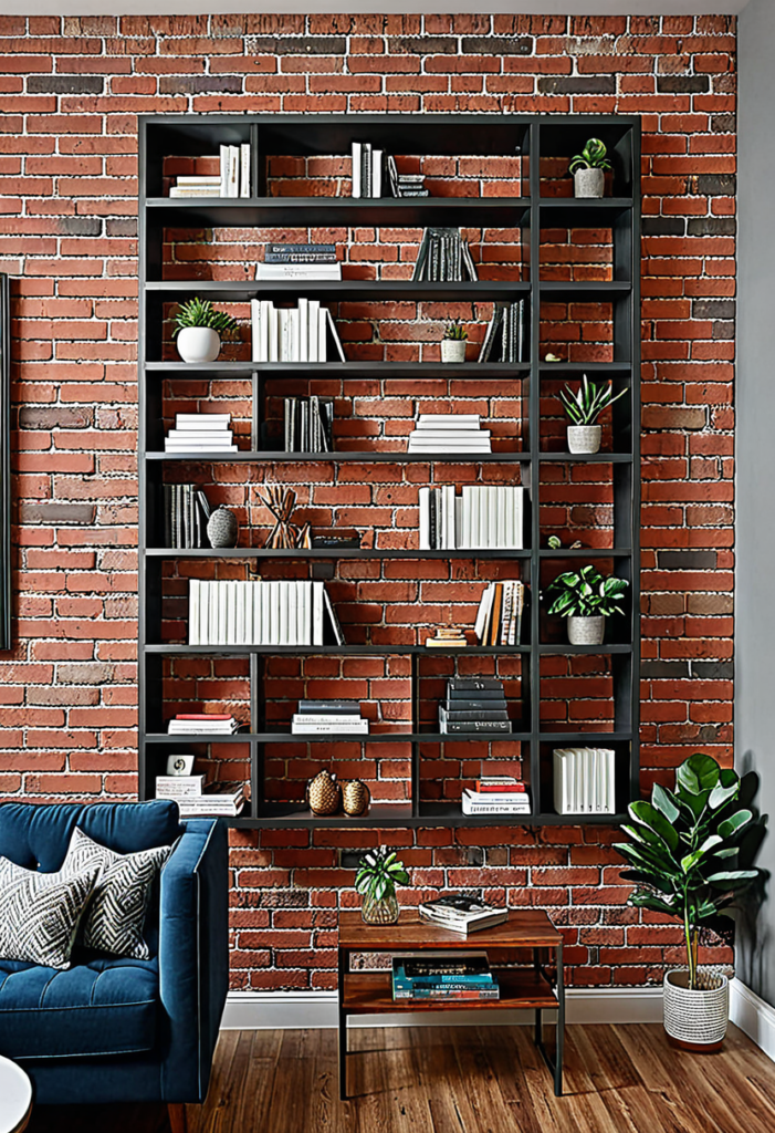 Brick Accent Wall with Built-In Shelving