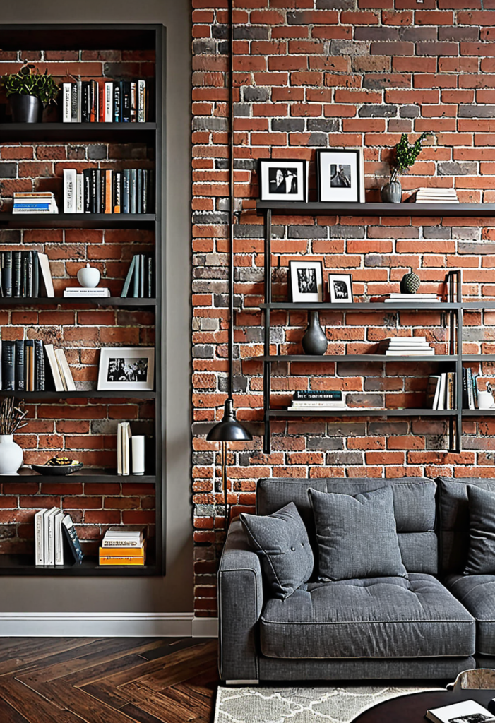 Brick Accent Wall with Integrated Shelving Nooks