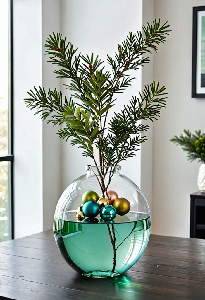 Ornaments in a Floating Vase with Greenery