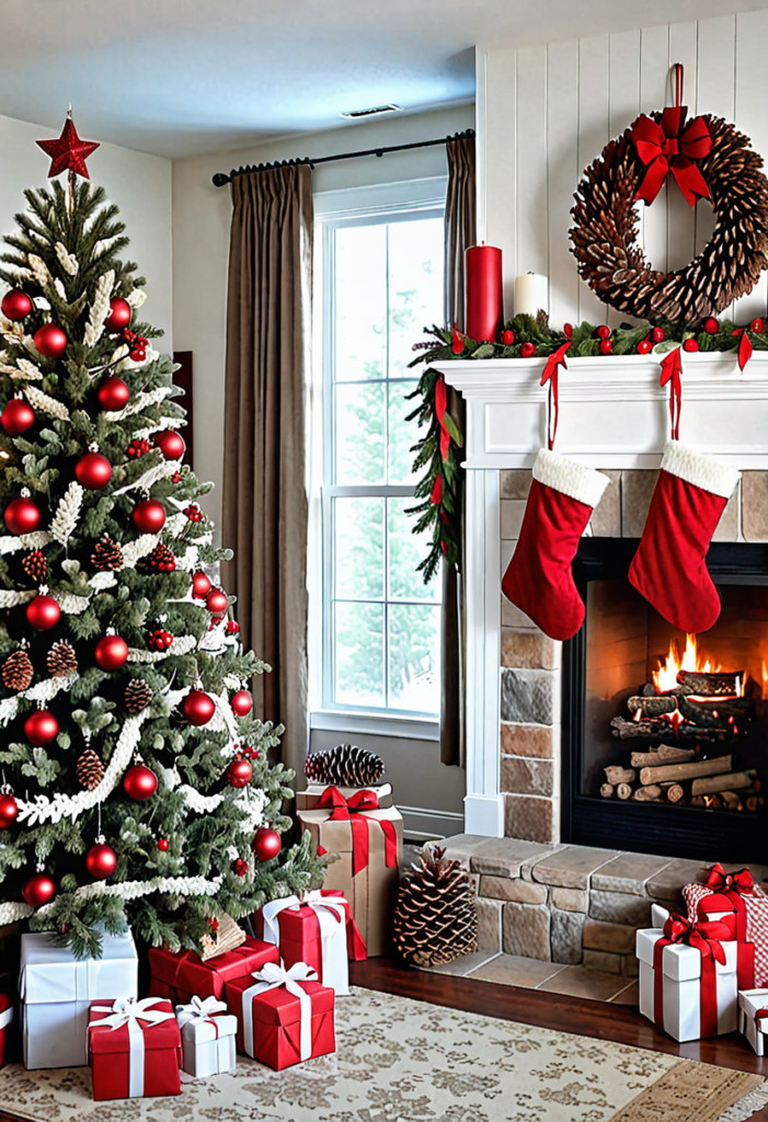 Red and White with Pinecone Accents