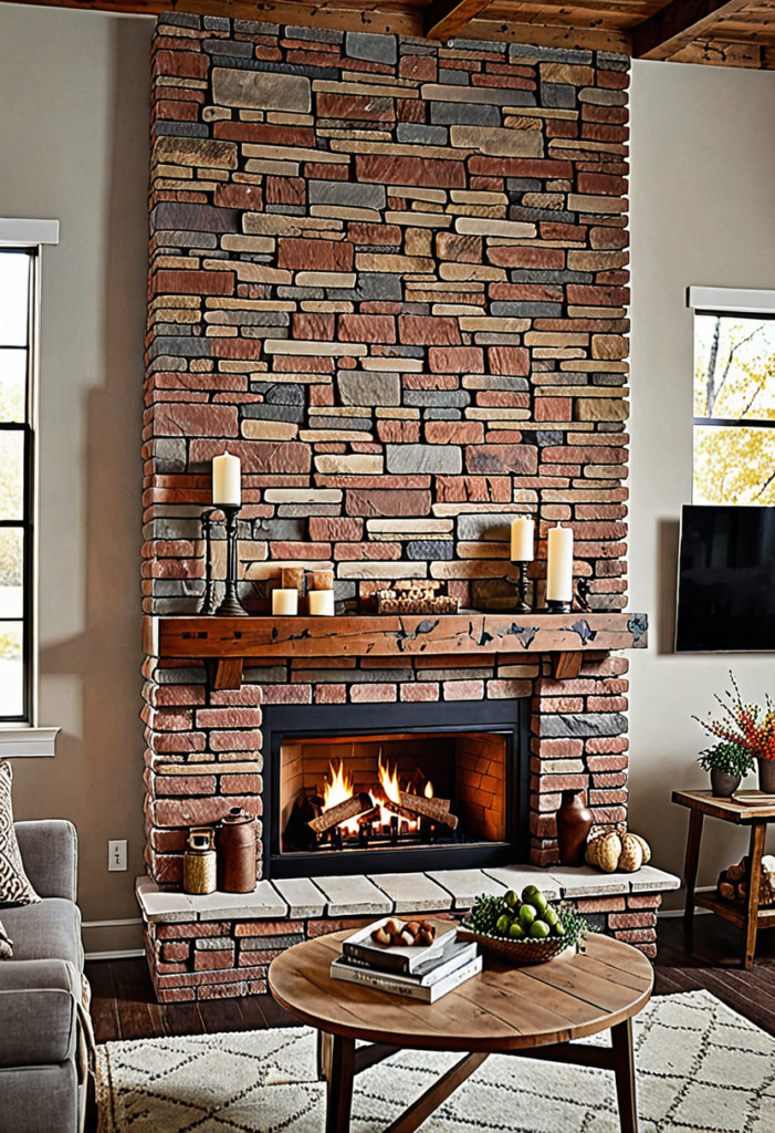 Stacked Stone Brick Fireplace