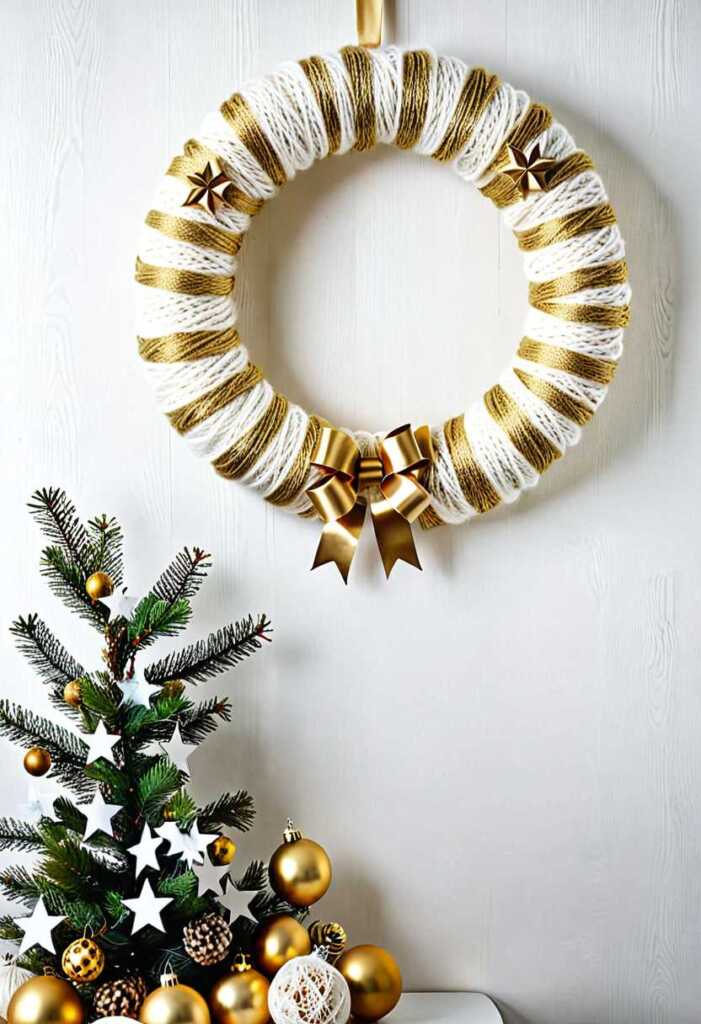 Elegant Gold and White Yarn Wreath