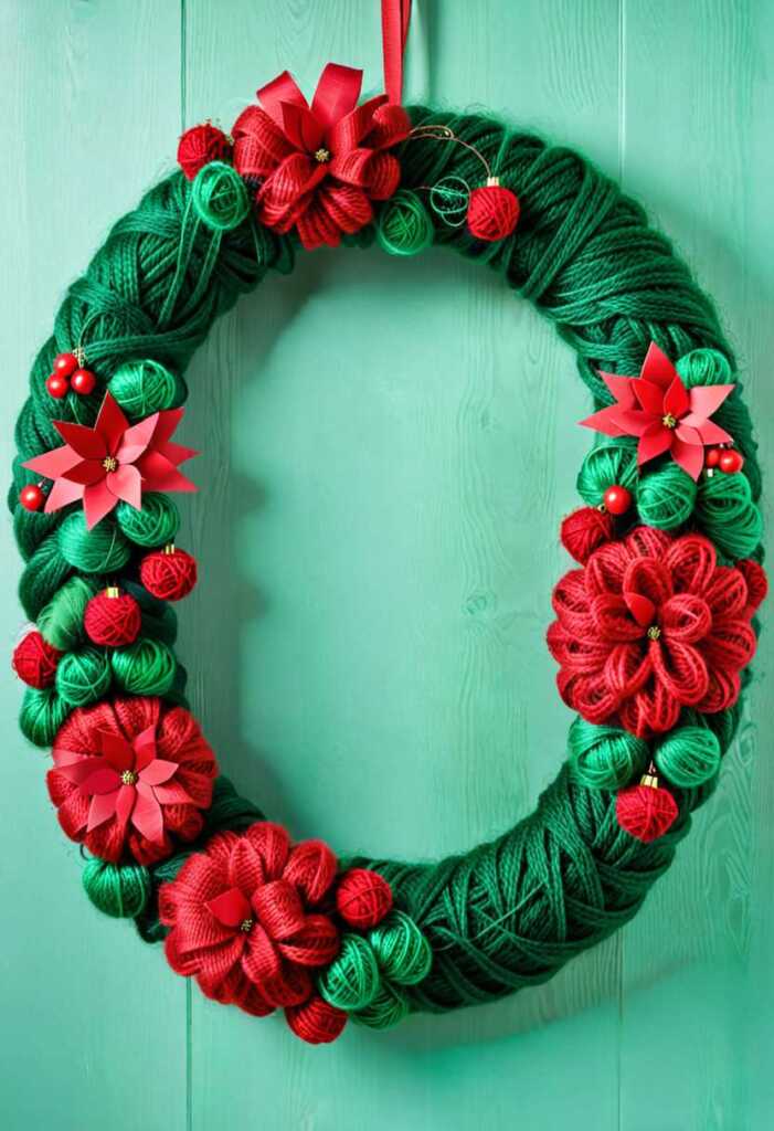 Festive Red and Green Yarn Wreath