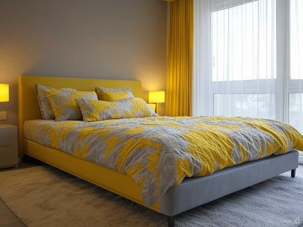 Yellow and Gray Scandinavian Modern Bedroom